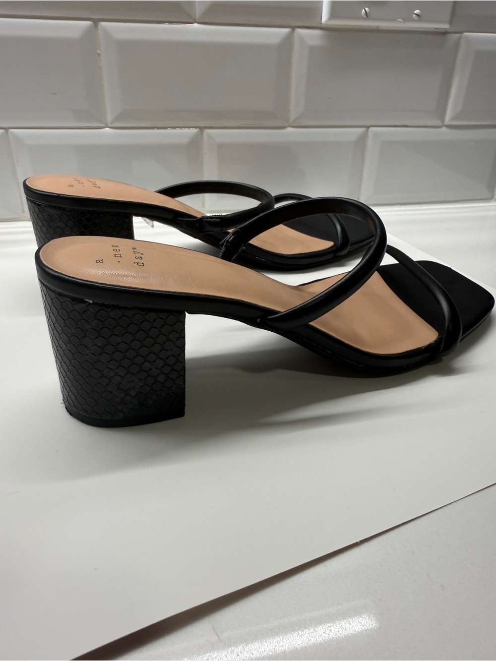 a new day Black Strappy Block Heel Sandals with Textured Heel